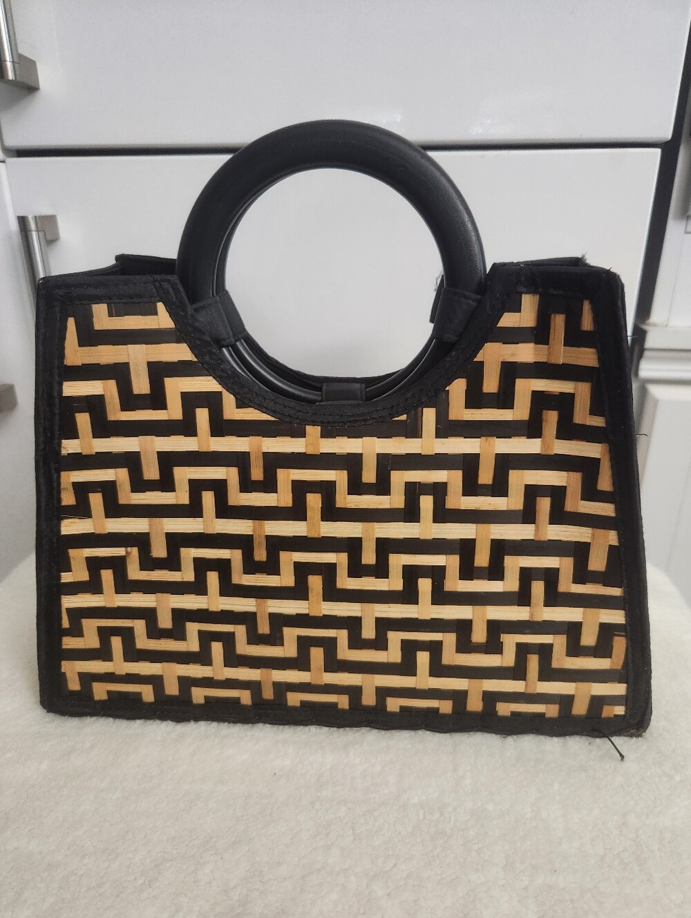 Black & Natural Woven Handbag with Round Handles